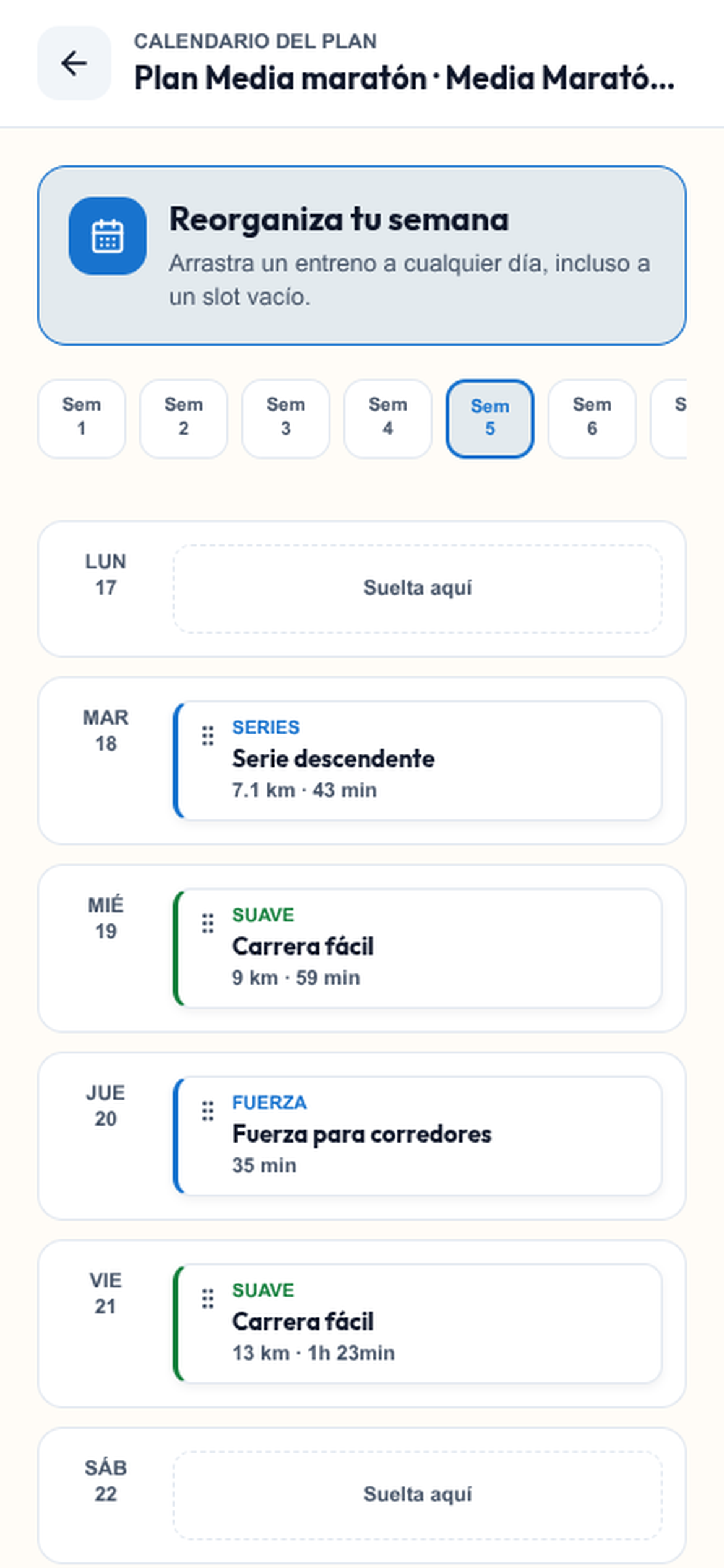 Calendario del plan de carrera con drag and drop